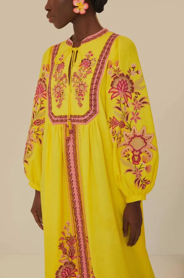 Women Yellow Embroidered Garden Tapestry Midi Dress Garden Tapestry Yellow FARM Rio Midi Dresses