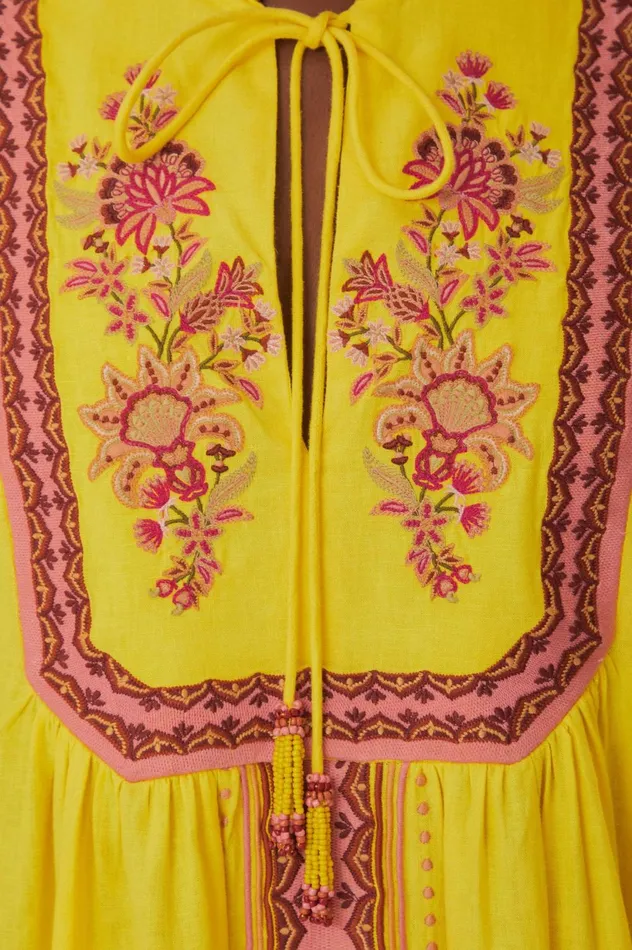Women Yellow Embroidered Garden Tapestry Midi Dress Garden Tapestry Yellow FARM Rio Midi Dresses