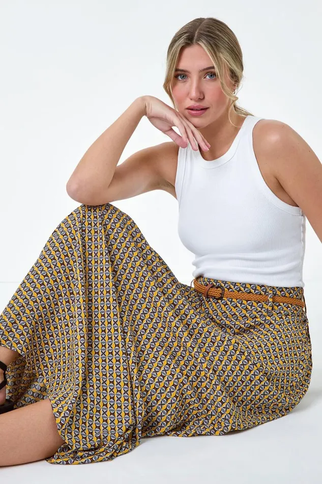 Yellow Floral Print Belted A Line Maxi Skirt Women Roman Skirts