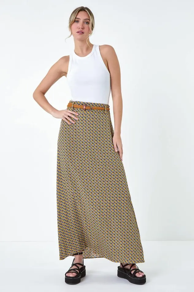 Yellow Floral Print Belted A Line Maxi Skirt Women Roman Skirts
