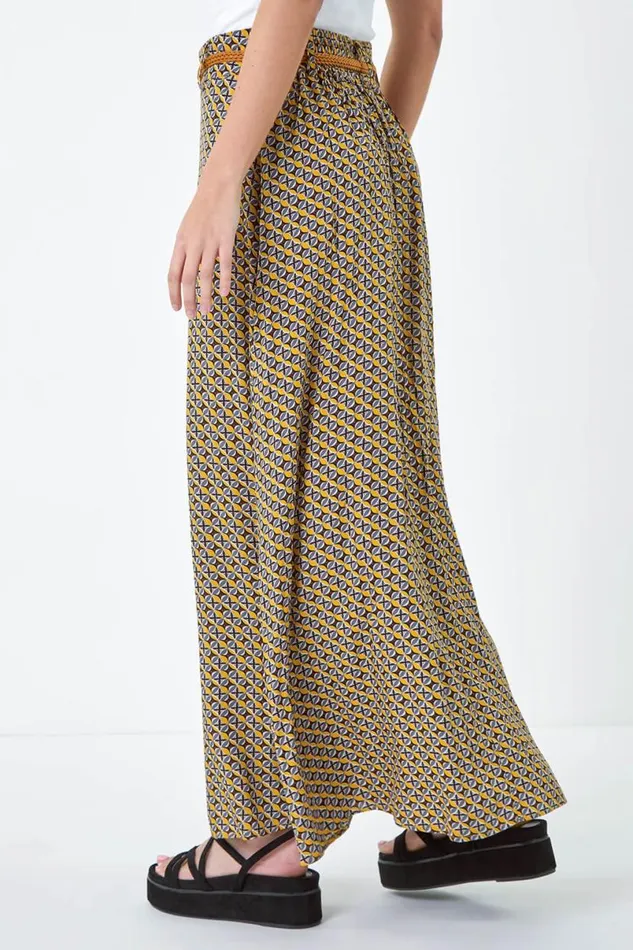Yellow Floral Print Belted A Line Maxi Skirt Women Roman Skirts