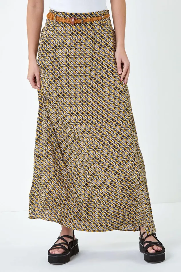 Yellow Floral Print Belted A Line Maxi Skirt Women Roman Skirts