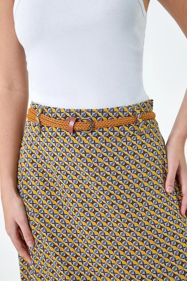 Yellow Floral Print Belted A Line Maxi Skirt Women Roman Skirts