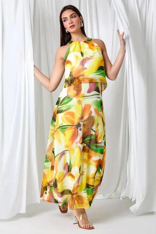 Yellow Floral Print Chiffon Overlay Maxi Dress Women Roman Dresses