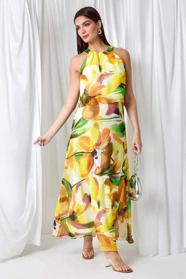 Yellow Floral Print Chiffon Overlay Maxi Dress Women Roman Dresses
