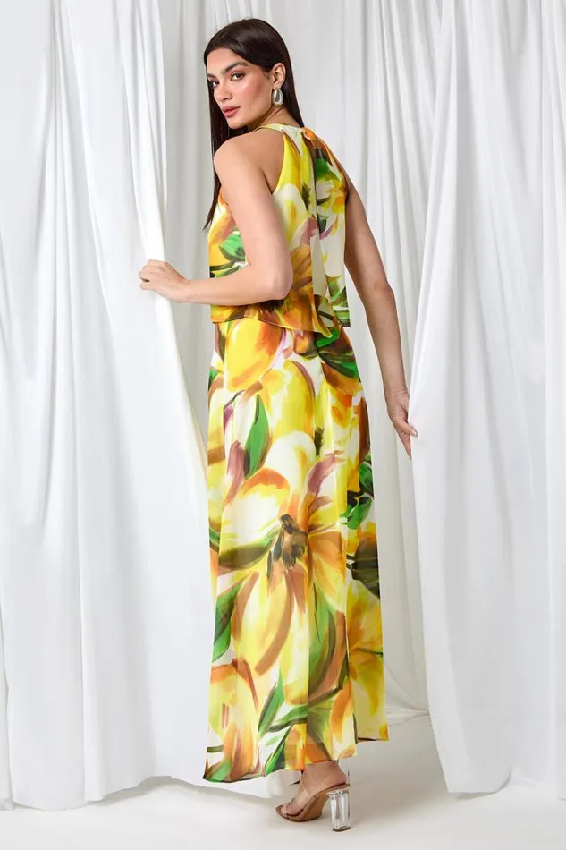 Yellow Floral Print Chiffon Overlay Maxi Dress Women Roman Dresses