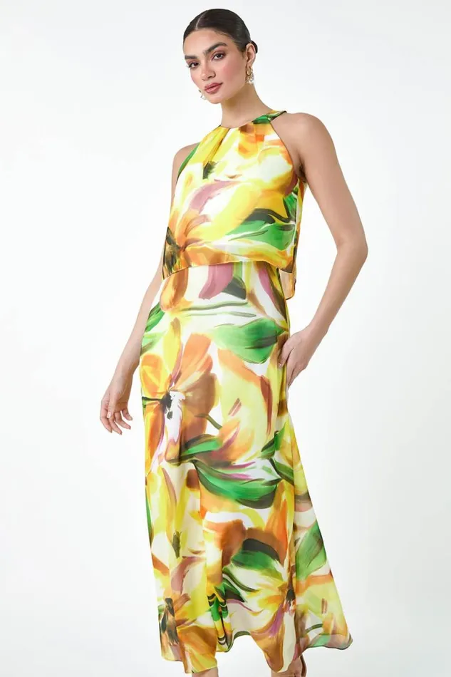 Yellow Floral Print Chiffon Overlay Maxi Dress Women Roman Dresses