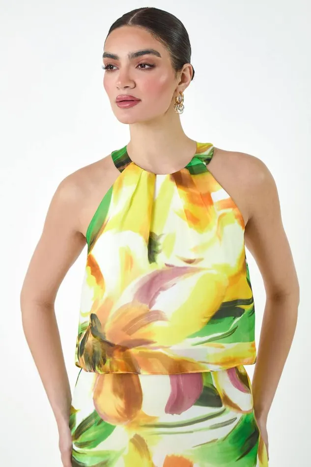 Yellow Floral Print Chiffon Overlay Maxi Dress Women Roman Dresses