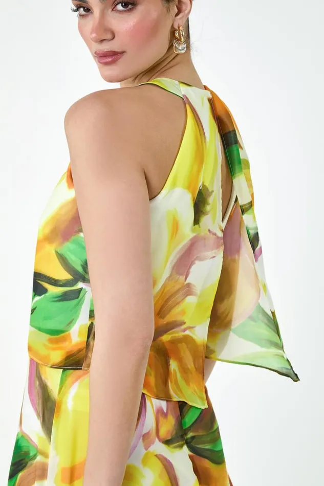 Yellow Floral Print Chiffon Overlay Maxi Dress Women Roman Dresses
