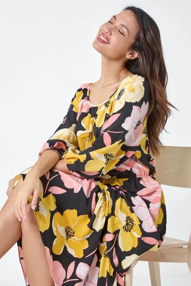 Yellow Floral Print Tiered Hem Maxi Dress Women Roman Dresses