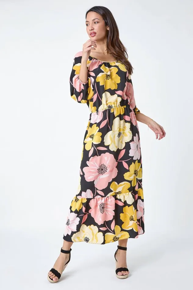 Yellow Floral Print Tiered Hem Maxi Dress Women Roman Dresses