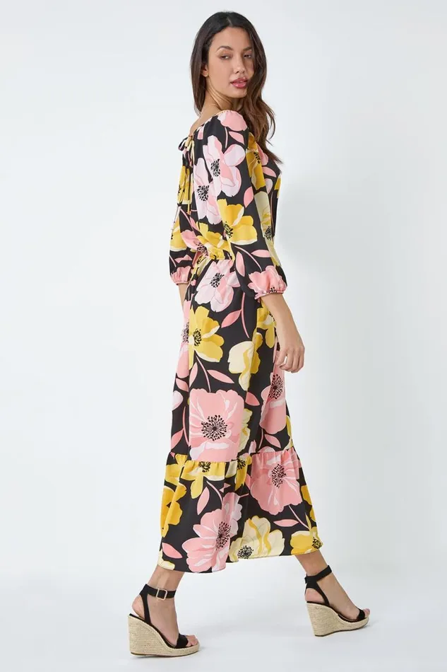 Yellow Floral Print Tiered Hem Maxi Dress Women Roman Dresses