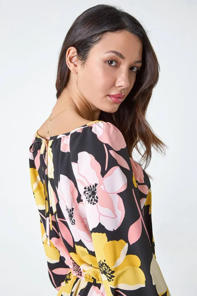 Yellow Floral Print Tiered Hem Maxi Dress Women Roman Dresses