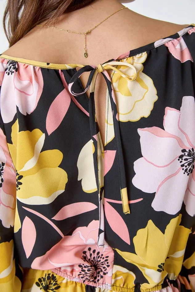 Yellow Floral Print Tiered Hem Maxi Dress Women Roman Dresses