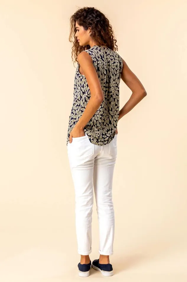 Yellow Leaf Print VNeck Stretch Jersey Top Women Roman Tops