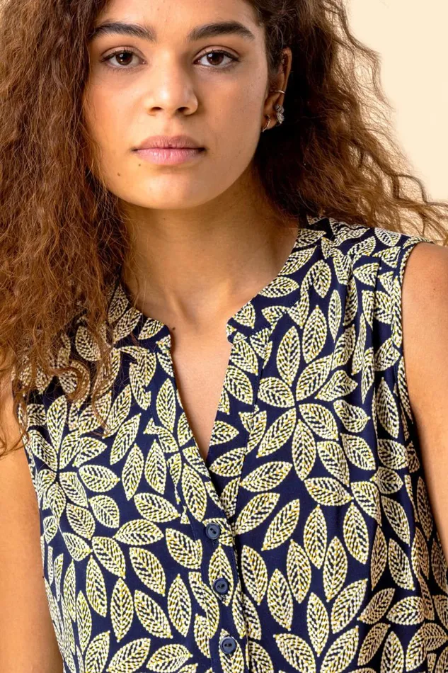 Yellow Leaf Print VNeck Stretch Jersey Top Women Roman Tops
