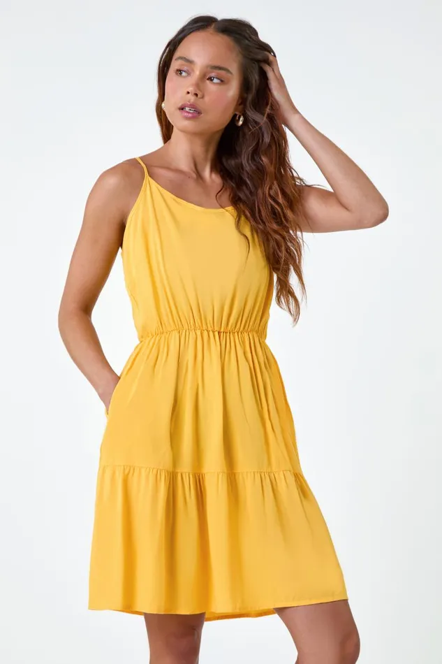 Yellow Petite Sleeveless Frill Hem Dress Women Roman Dresses