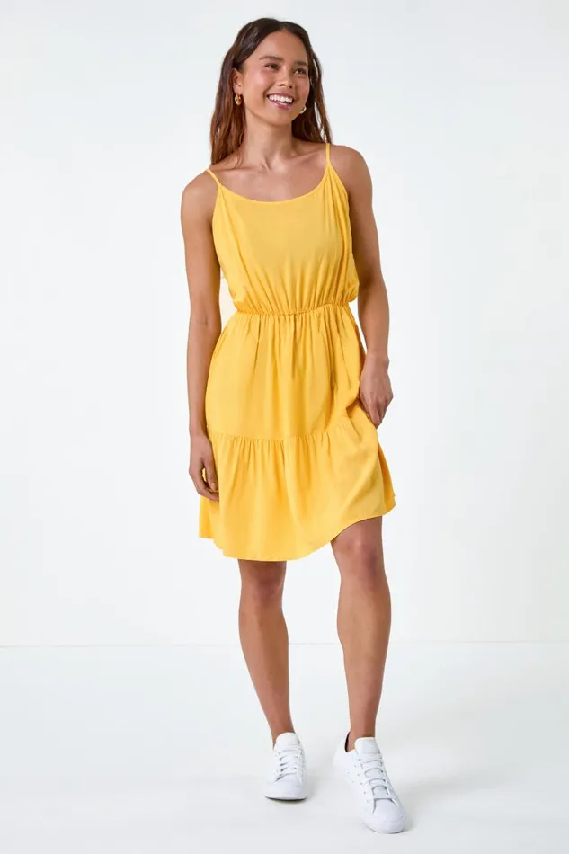 Yellow Petite Sleeveless Frill Hem Dress Women Roman Dresses