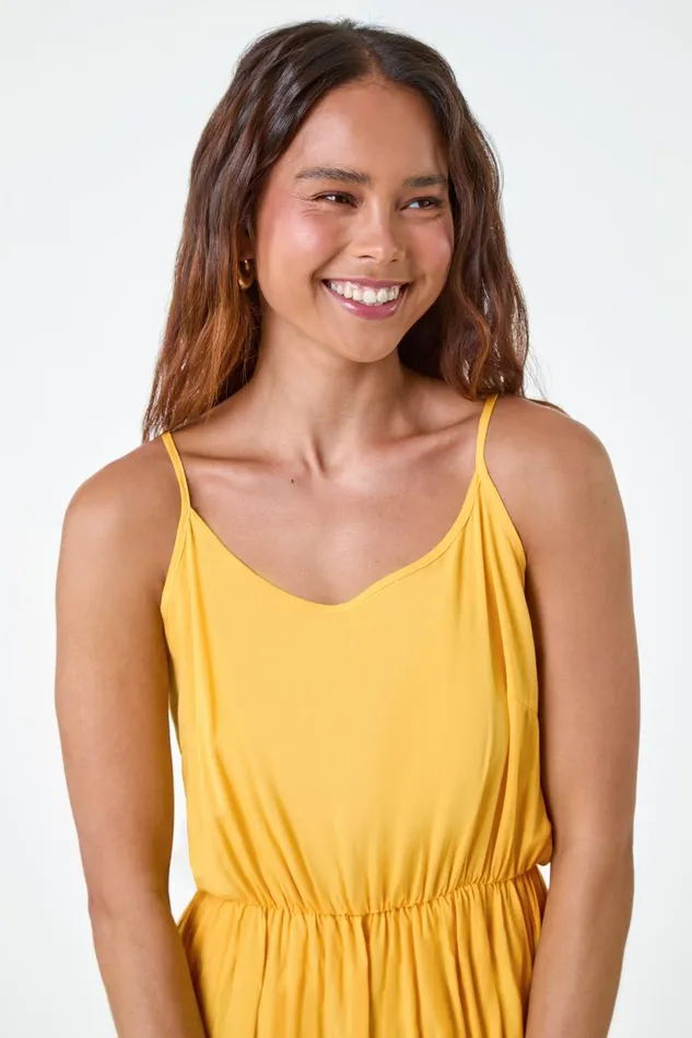 Yellow Petite Sleeveless Frill Hem Dress Women Roman Dresses