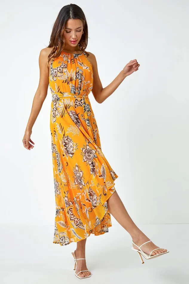 Yellow Sleeveless Floral Halter Neck Midi Dress Women Roman Dresses