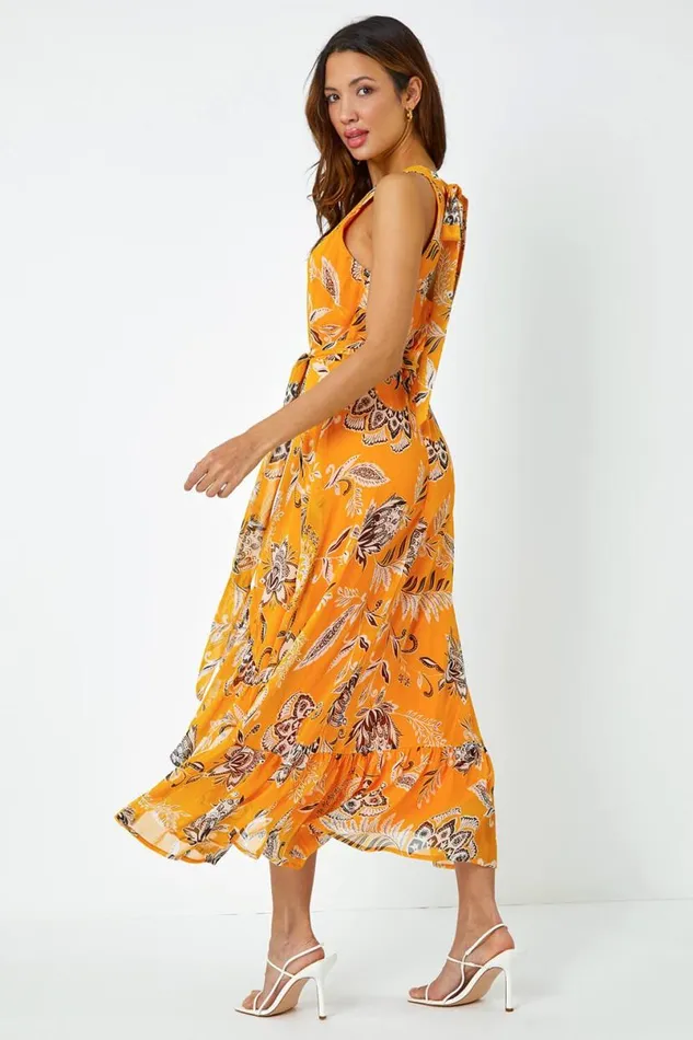 Yellow Sleeveless Floral Halter Neck Midi Dress Women Roman Dresses