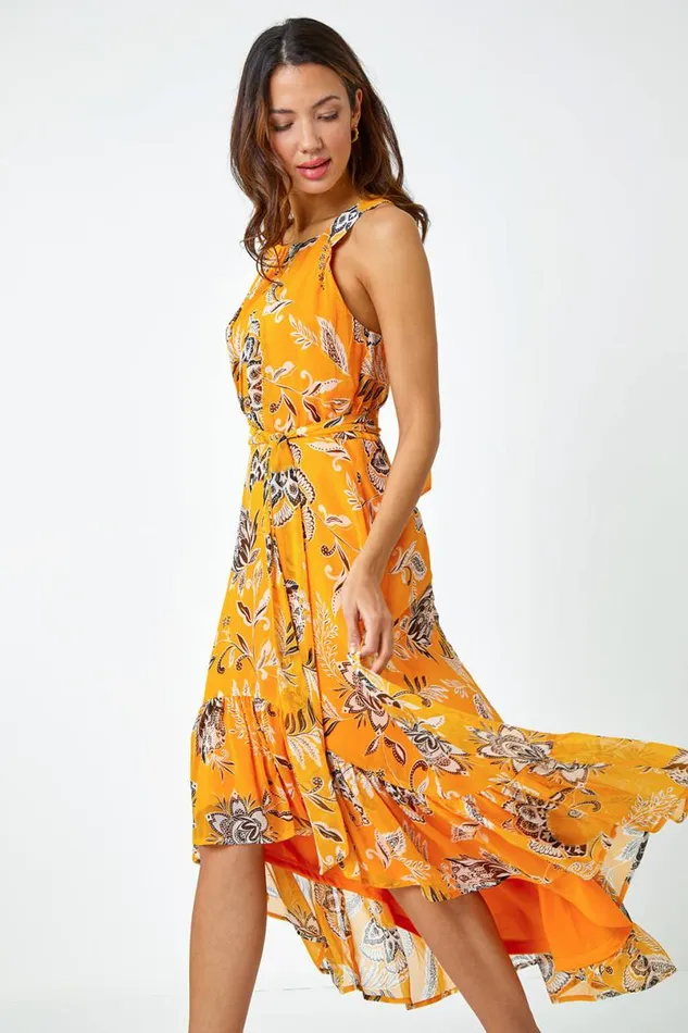 Yellow Sleeveless Floral Halter Neck Midi Dress Women Roman Dresses