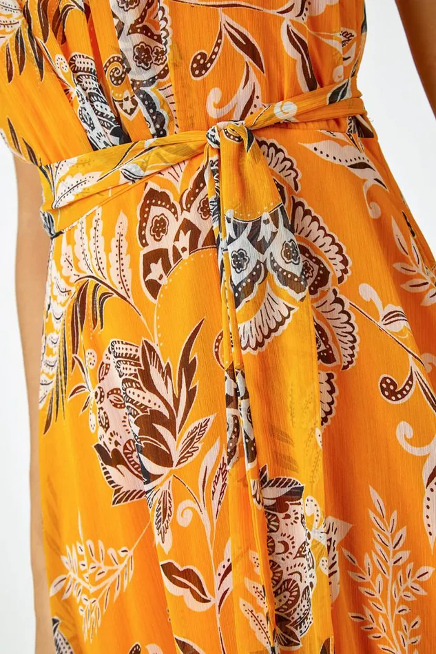 Yellow Sleeveless Floral Halter Neck Midi Dress Women Roman Dresses